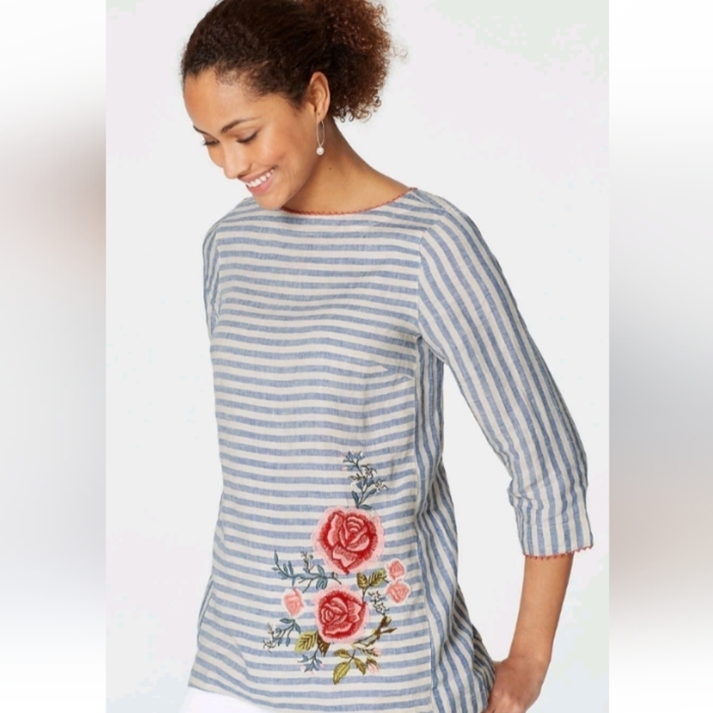 J. Jill Embroidered Floral Boho Striped Love Linen Top sz XL Petite